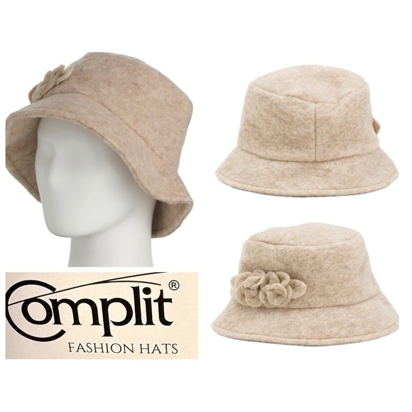 Complit Made in Italy Beige Heather Wool Blend Floral Applique Detail Bucket Hat